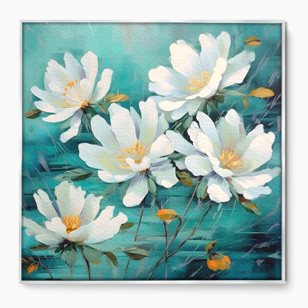 Tablou canvas cu tablou canvas cu flori albe pictate, in rama de aluminiu argintiu